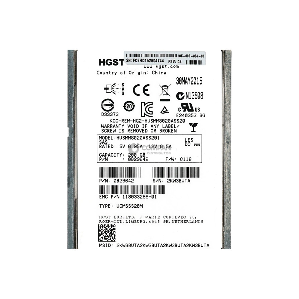 105-000-304-00 EMC SSD 200GB SAS 12G 2.5" SFF